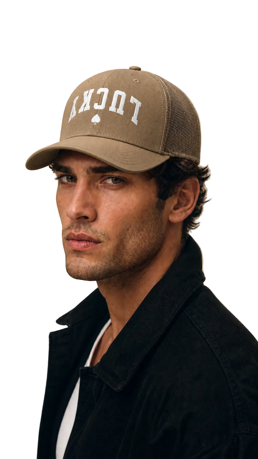 Khaki mesh trucker cap with white LUCKY embroidery, Tilted Spades