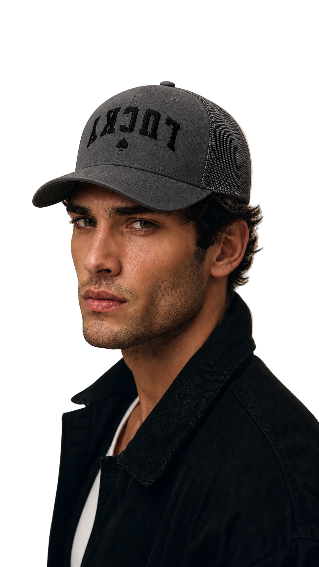 Monochrome charcoal trucker cap with LUCKY embroidery, Tilted Spades