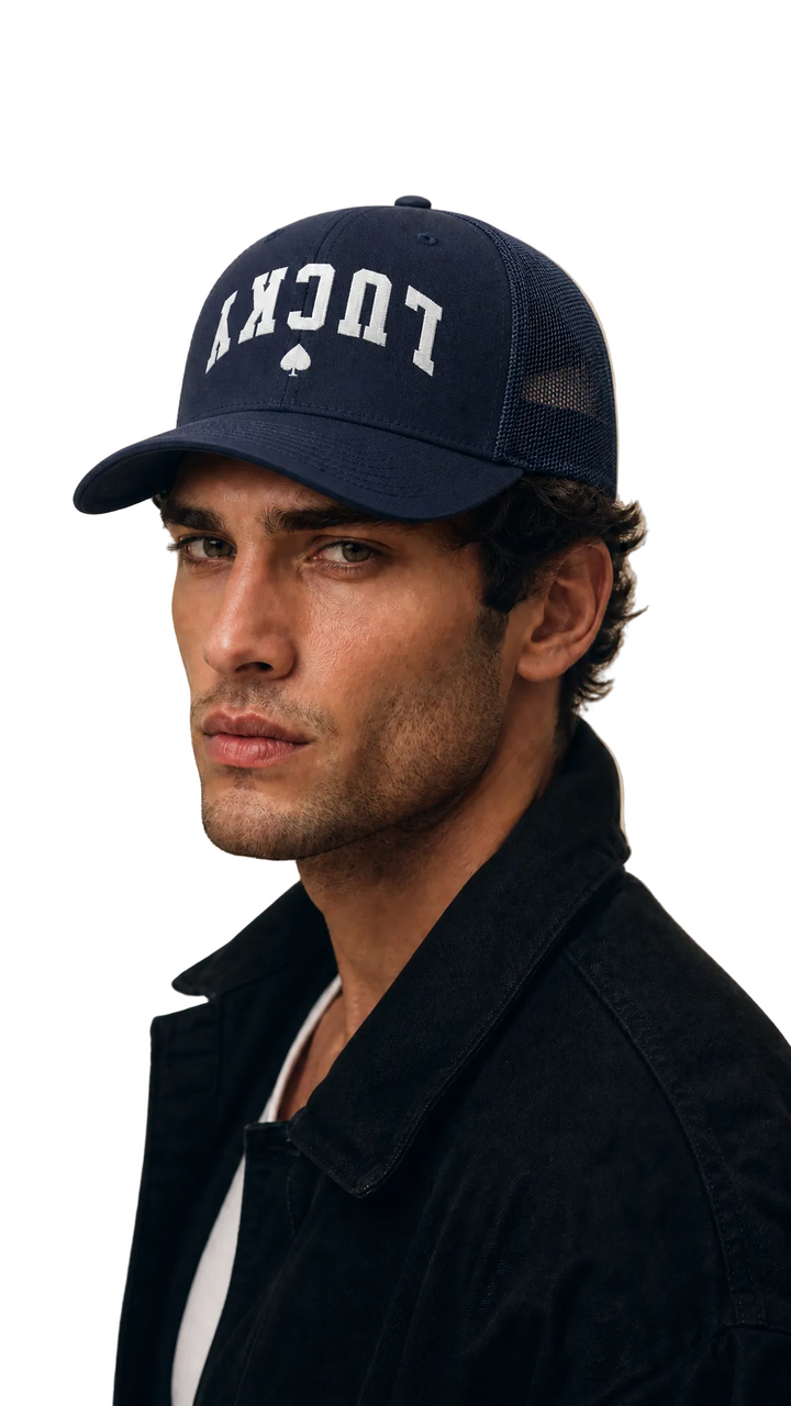 Navy blue mesh trucker cap with white LUCKY embroidery, Tilted Spades