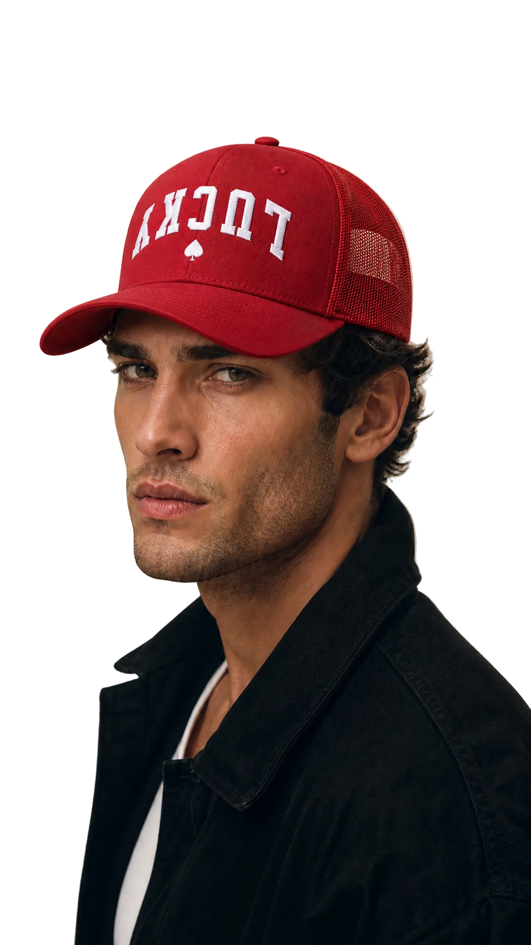 Red mesh trucker cap with white LUCKY embroidery, Tilted Spades