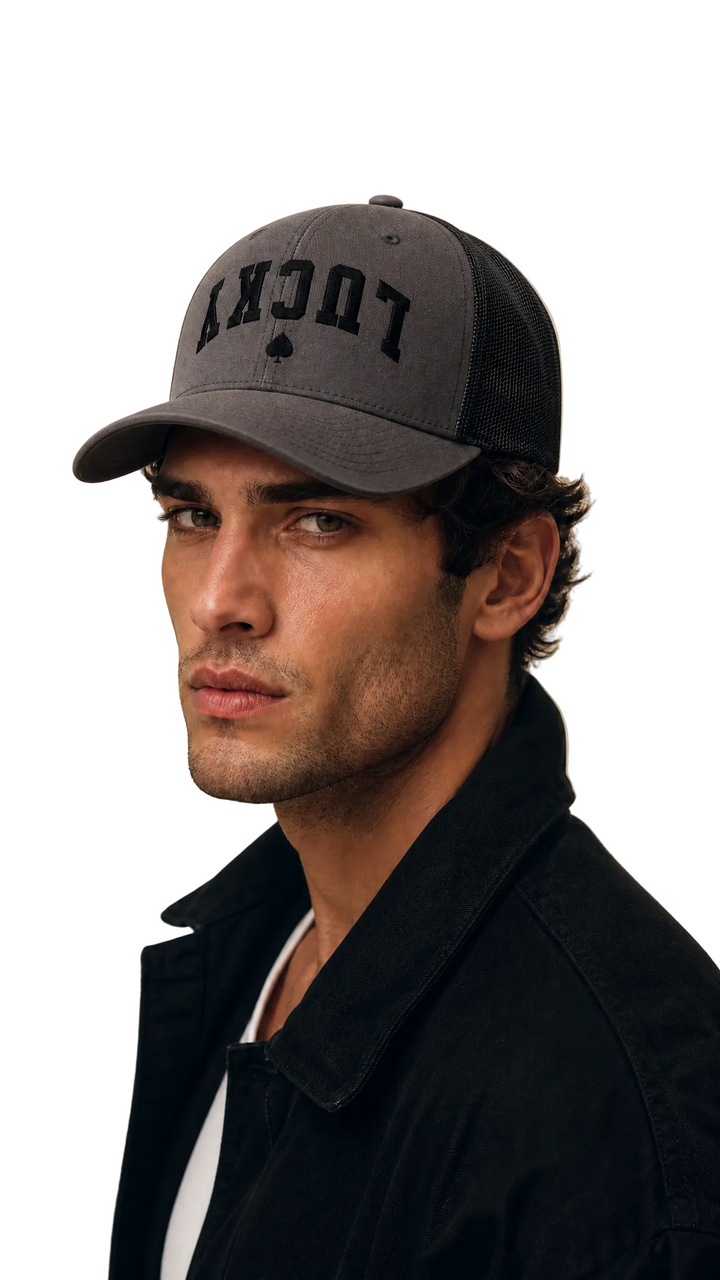 Charcoal grey two-tone trucker cap with LUCKY embroidery, Tilted Spades