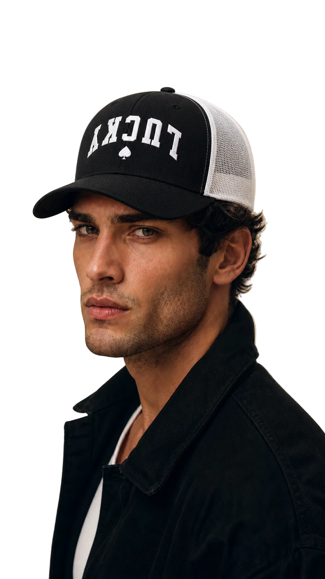 Lucky Spade trucker cap in black with white collegiate lettering, Tilted Spades