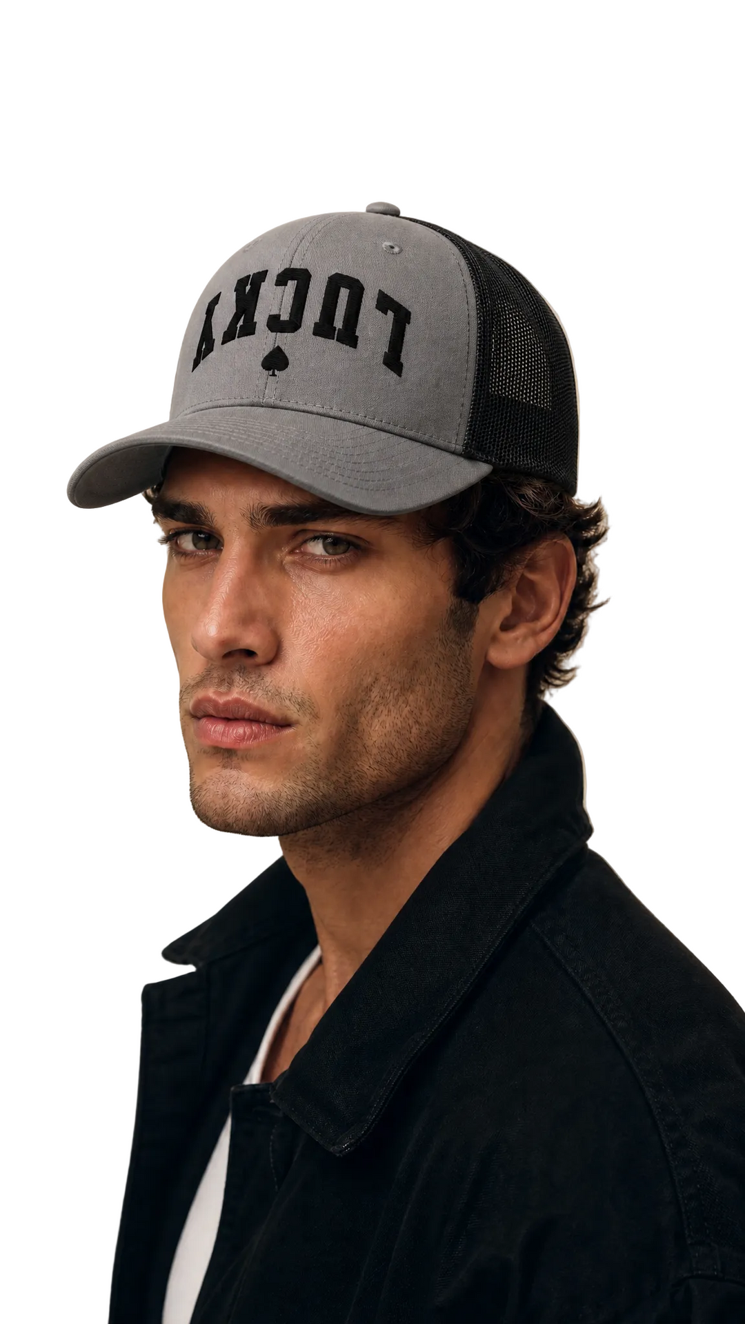 Medium grey two-tone trucker cap with LUCKY embroidery, Tilted Spades