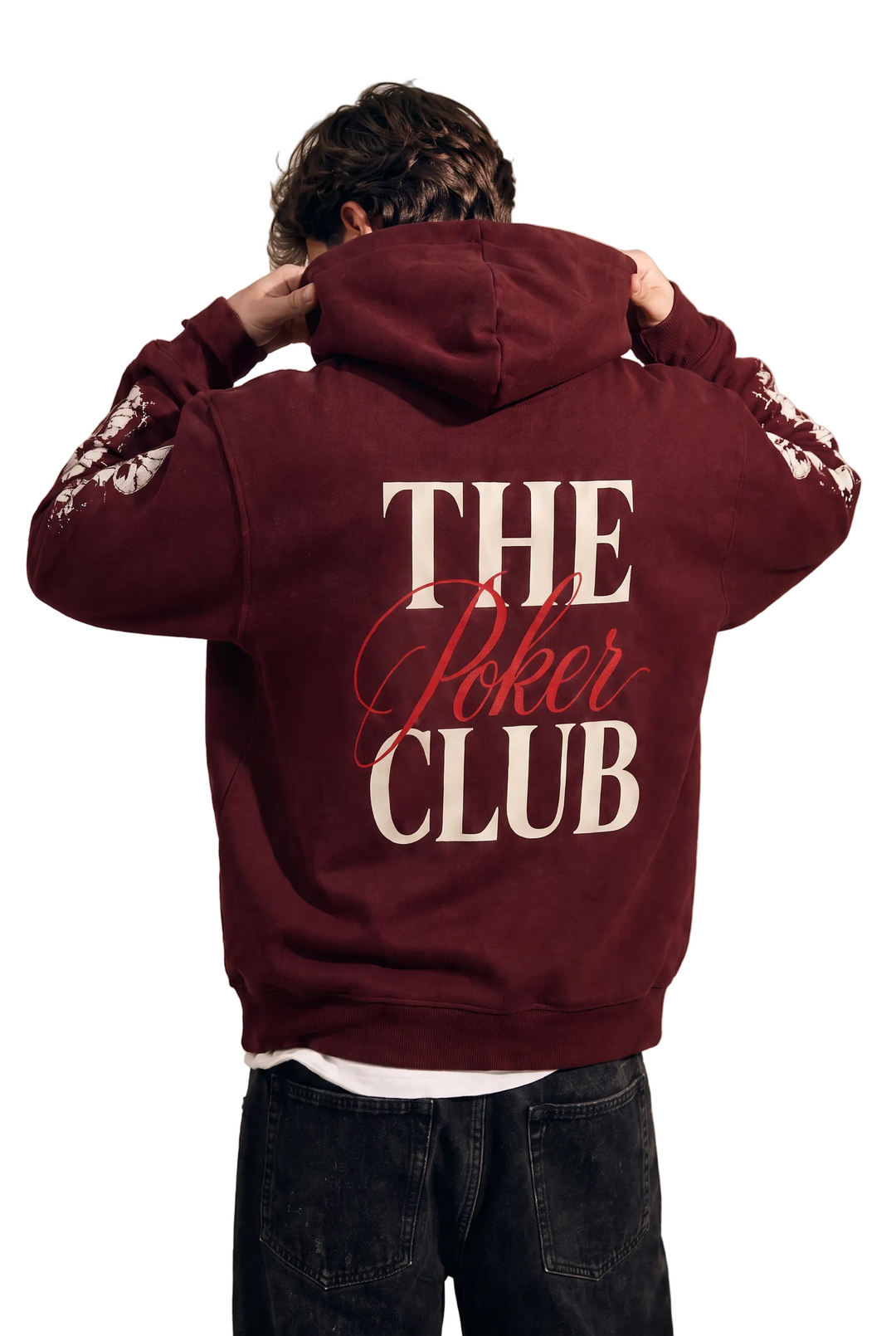 Upper-body close-up of The Club Hoodie showing THE POKER CLUB back graphic, Tilted Spades