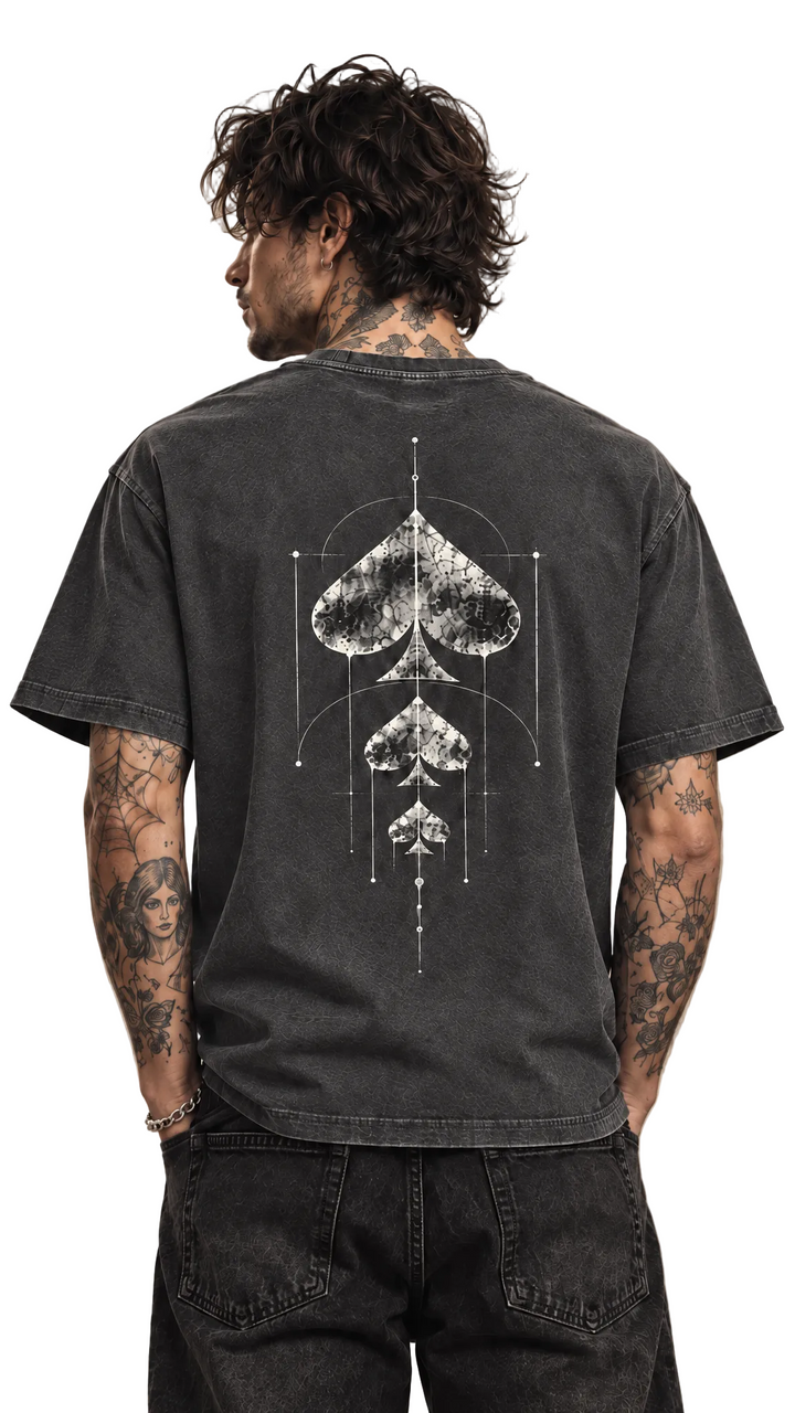 Back view of the Raise The Stakes tee in dark charcoal grey, Tilted Spades