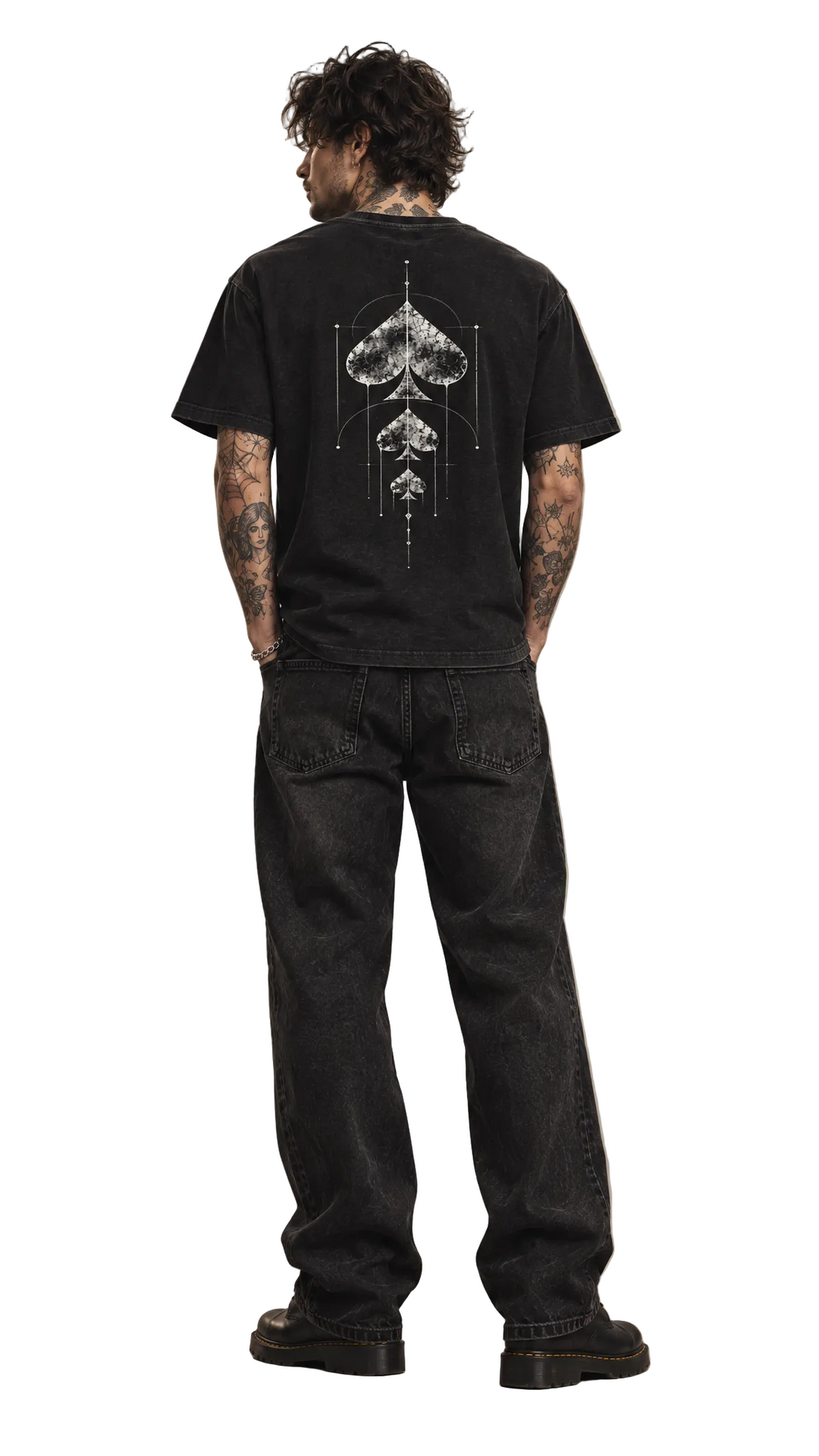 Back-facing full-body pose wearing the Raise The Stakes tee, Tilted Spades