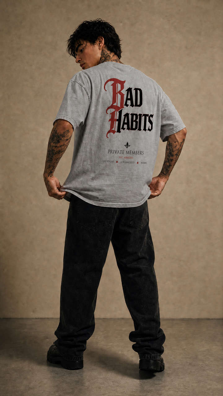 Bad Habits enzyme washed tee product photo, Tilted Spades