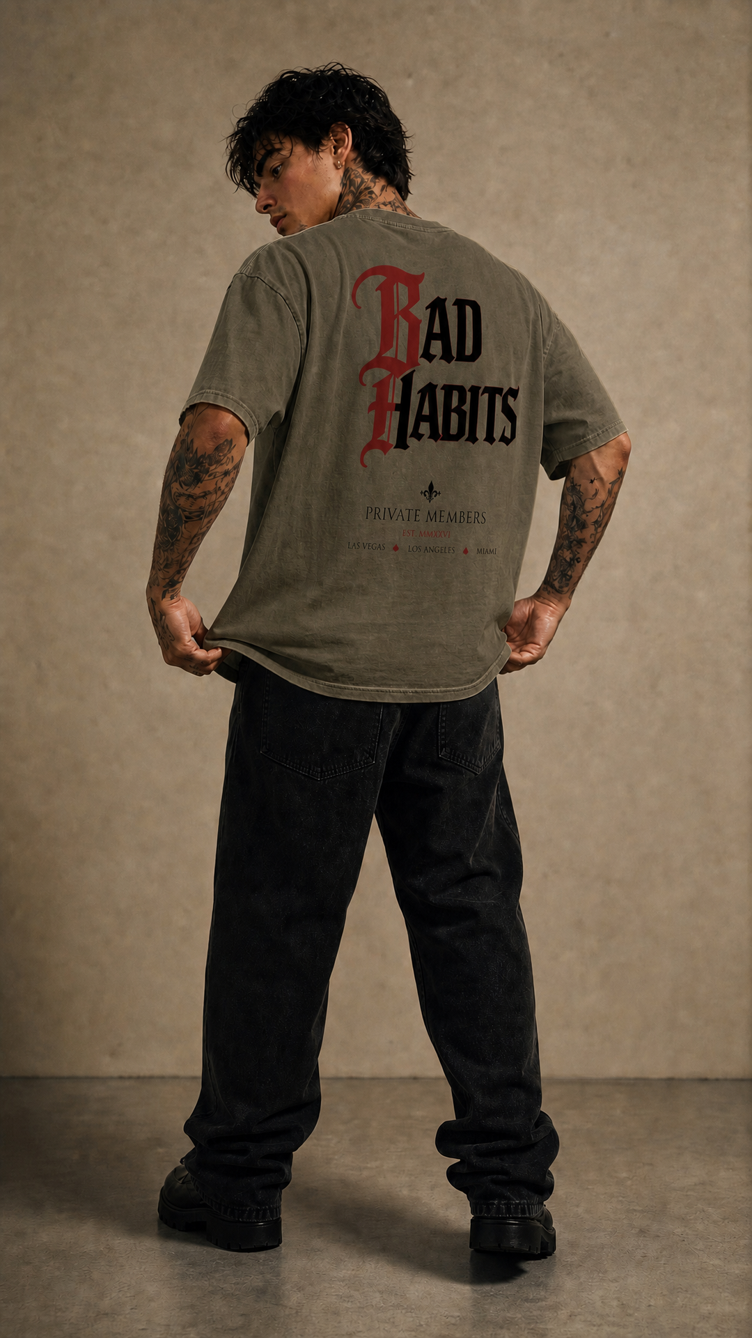 Bad Habits enzyme washed tee product photo, Tilted Spades
