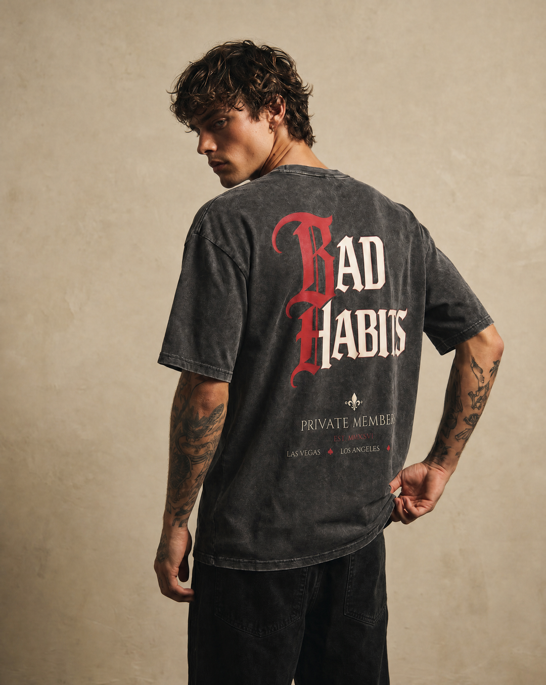 Bad Habits Noir enzyme washed tee product photo, Tilted Spades