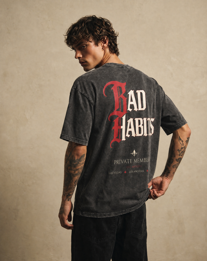 Bad Habits Noir enzyme washed tee product photo, Tilted Spades