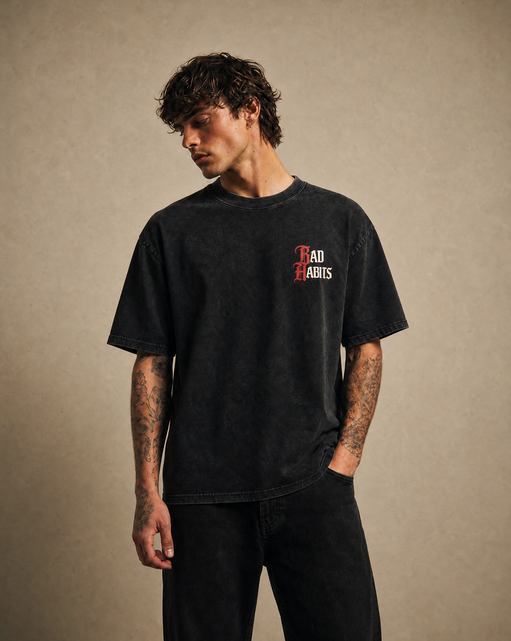 Bad Habits Noir enzyme washed tee product photo, Tilted Spades