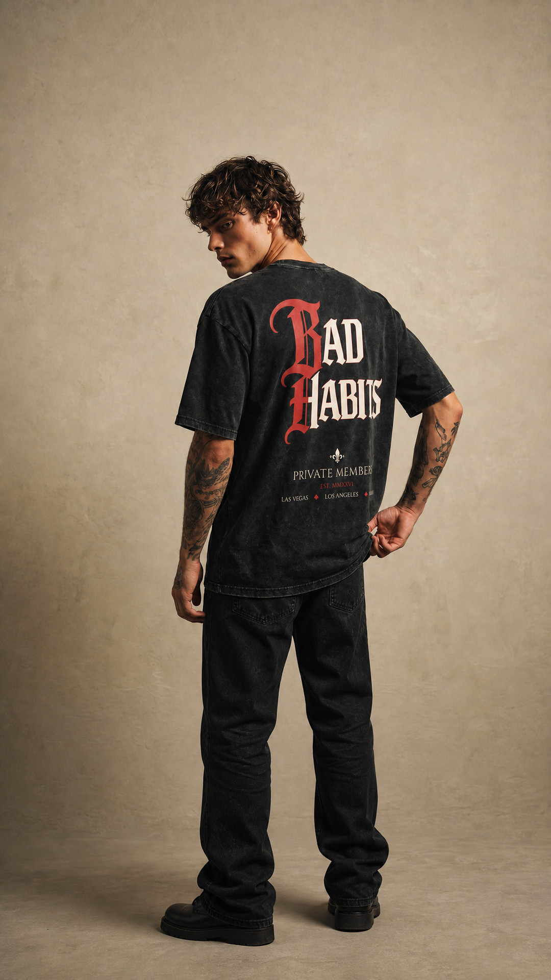 Bad Habits Noir enzyme washed tee product photo, Tilted Spades