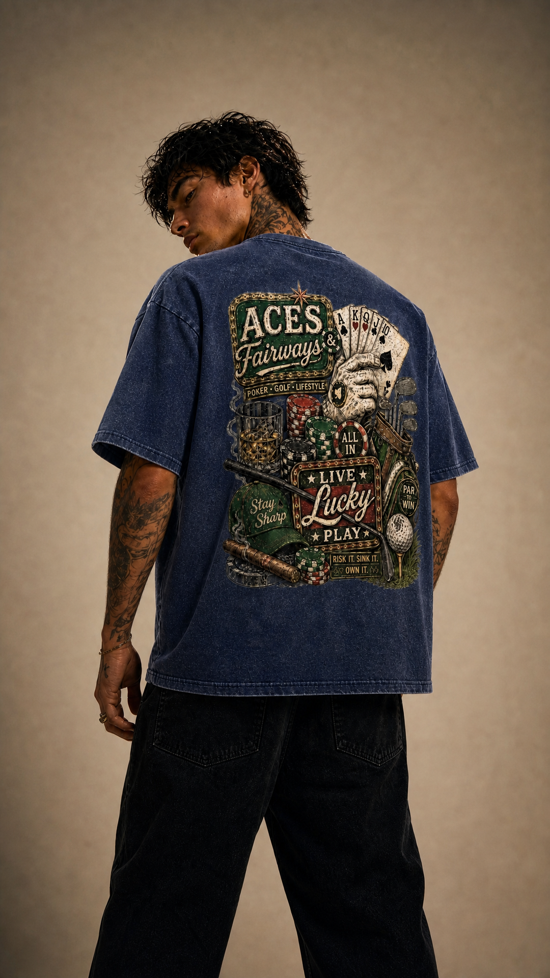Aces &amp; Fairways snow washed tee product photo, Tilted Spades
