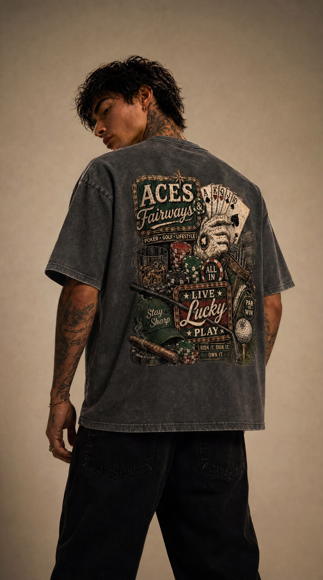 Aces &amp; Fairways snow washed tee product photo, Tilted Spades