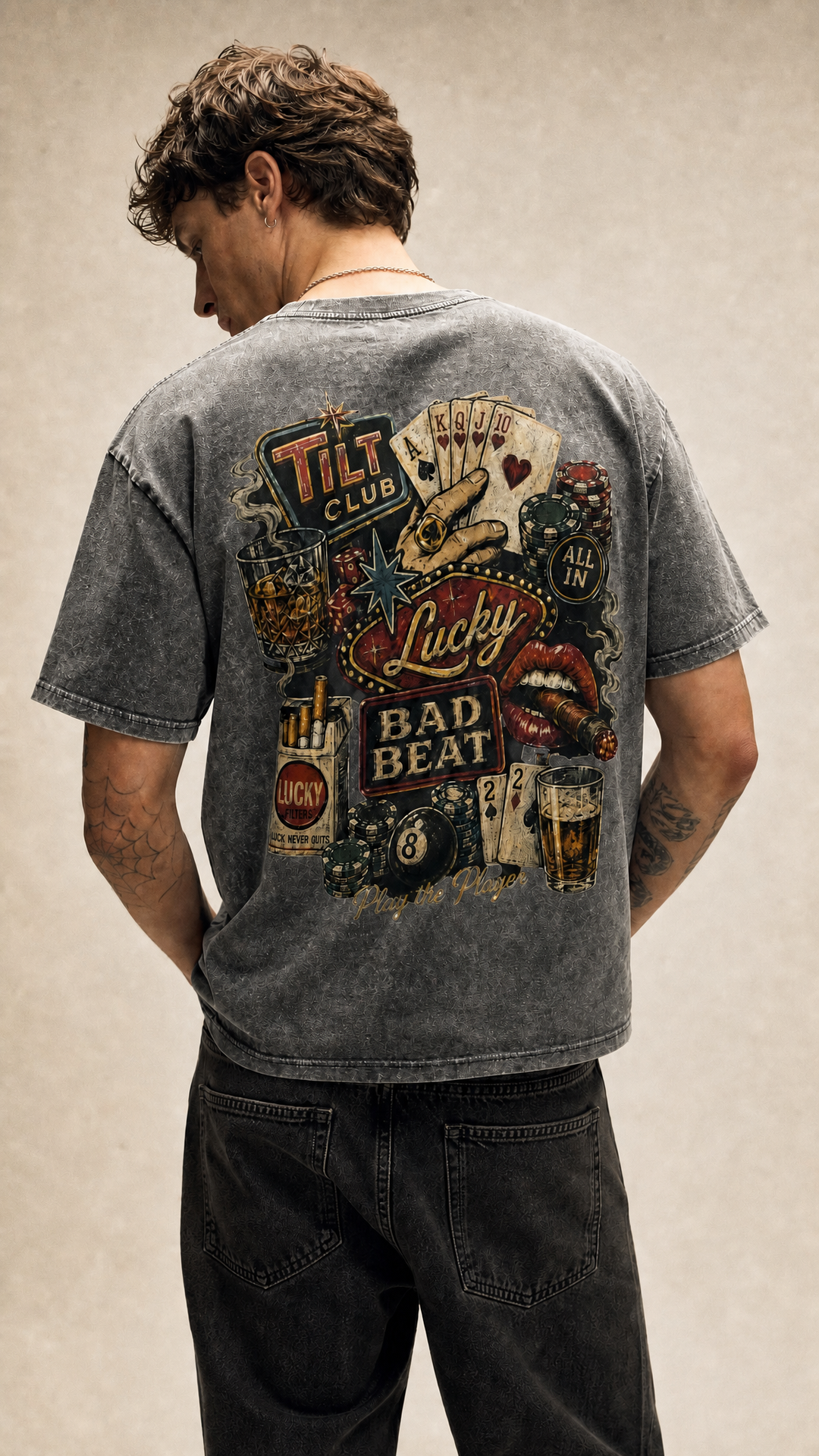 Tilted Gambler oversized acid wash tee product photo, Tilted Spades