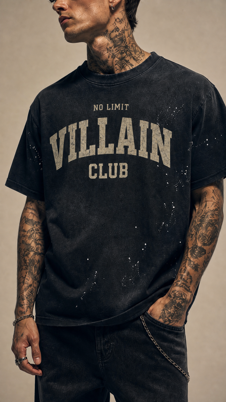Villain Club sunfade paint splatter tee product photo, Tilted Spades