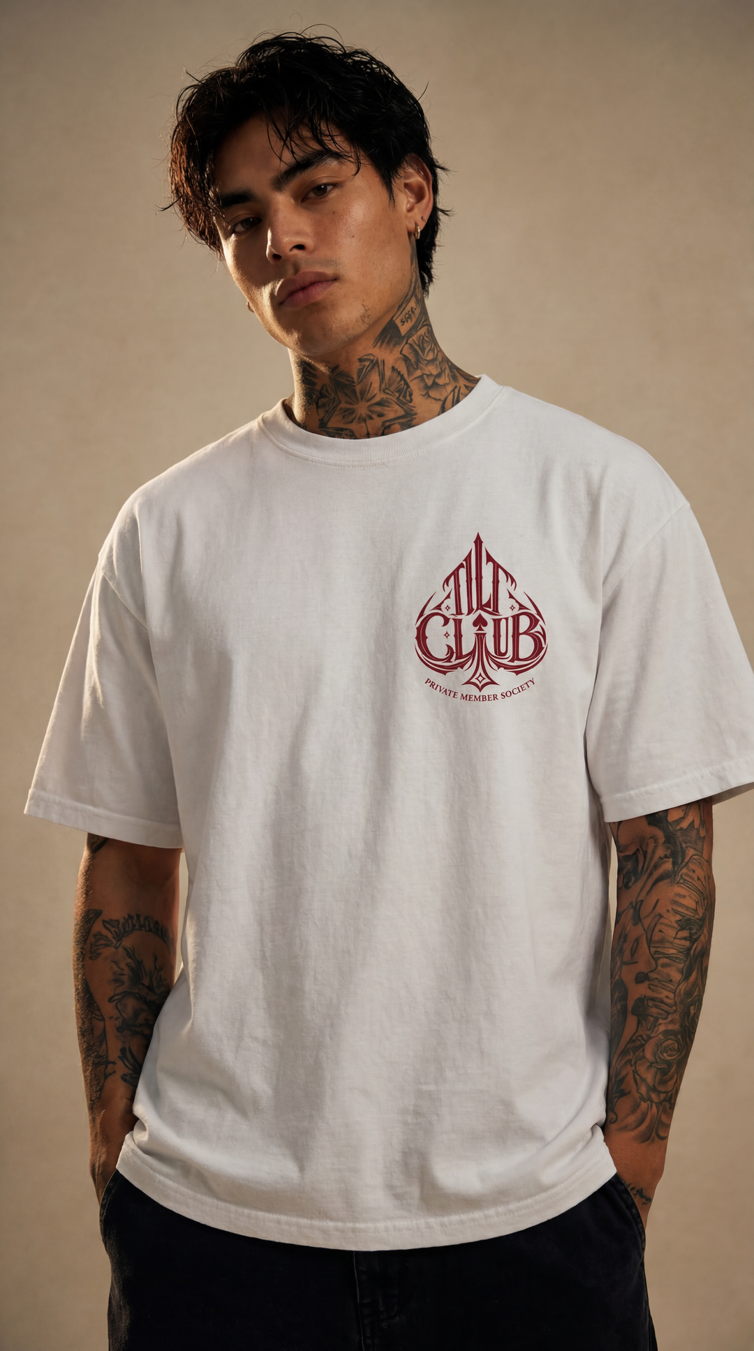 Ascend enzyme washed tee with crimson script graphic, Tilted Spades