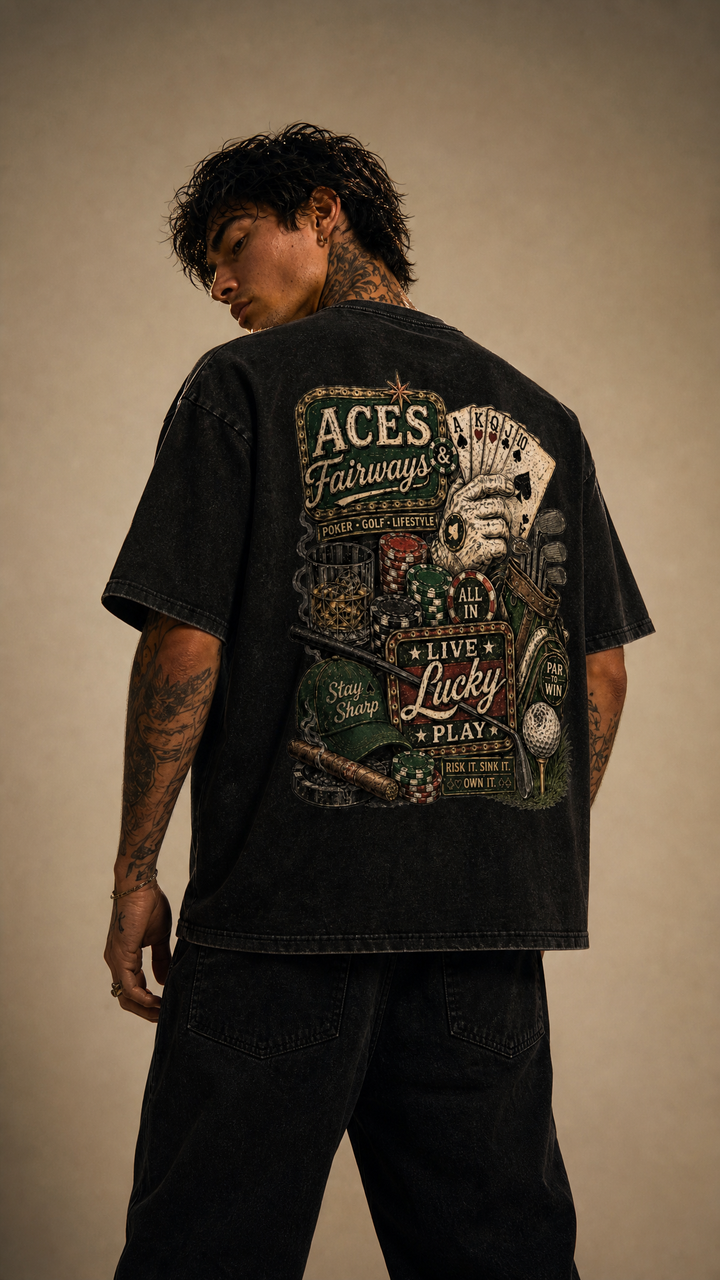 Model wearing the back design of the Aces &amp; Fairways tee, white studio, Tilted Spades