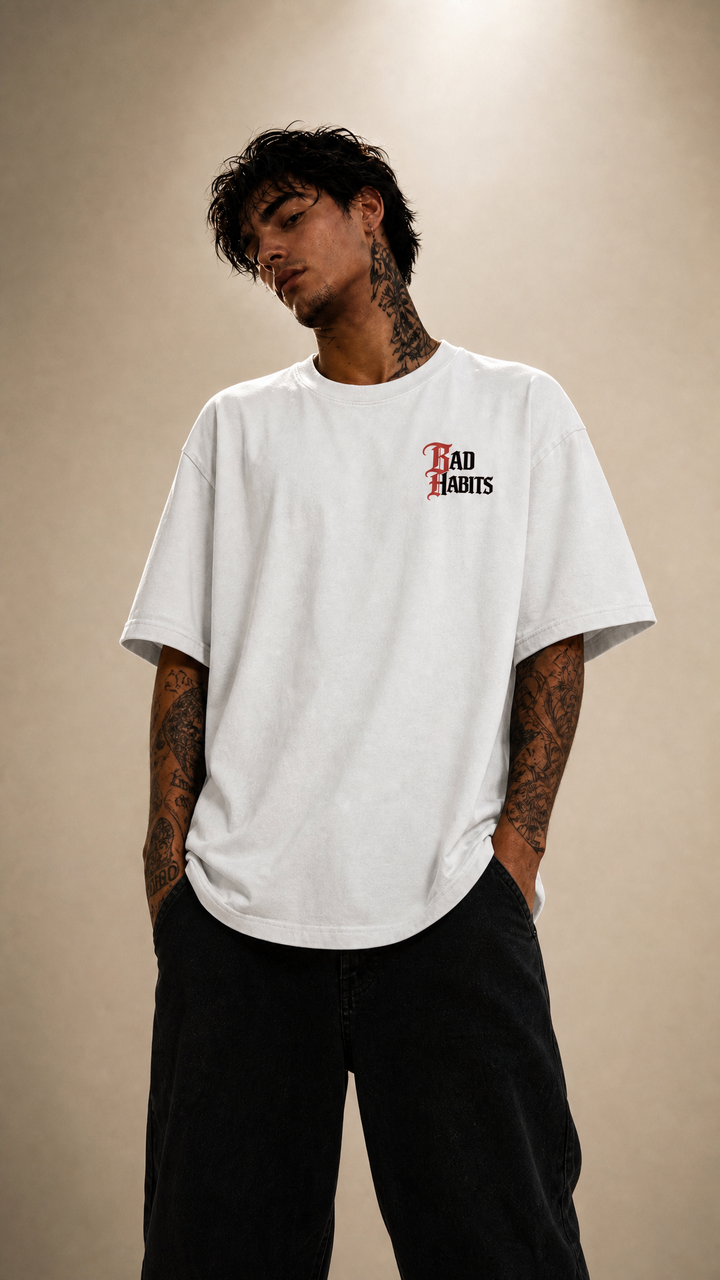 Front left chest BAD HABITS lettering on the enzyme washed tee, Tilted Spades