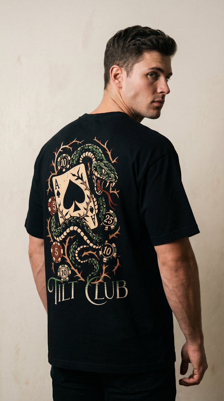 Model wearing the back design of the Tilt Club Venom cotton poker tee, Tilted Spades