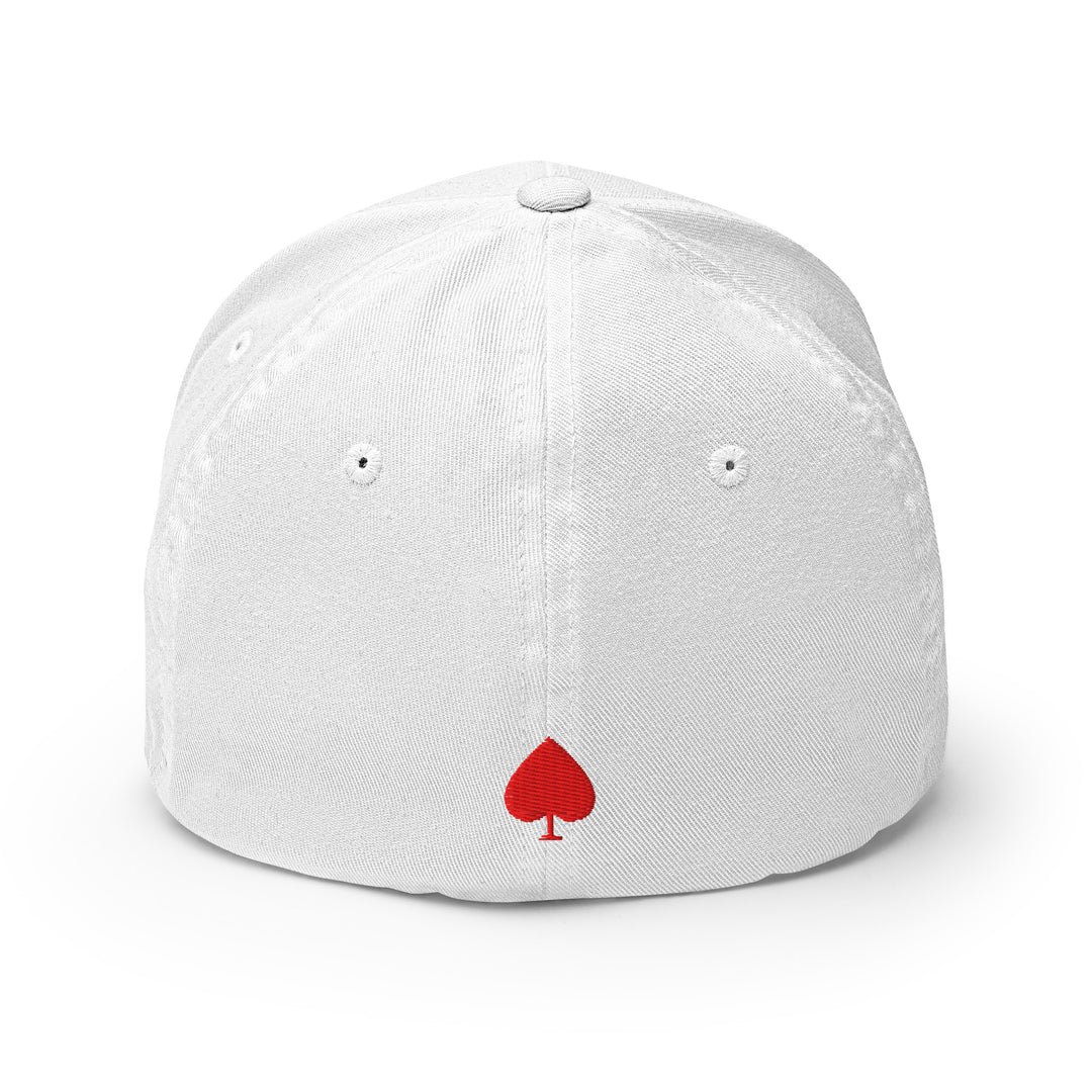 White closed-back structured cap mockup, back view, Tilted Spades