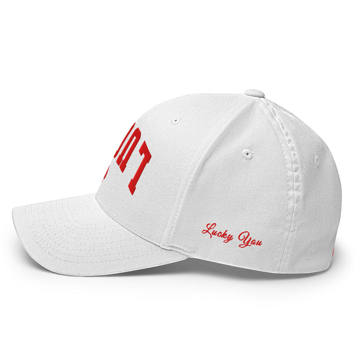 White closed-back structured cap mockup, left view, Tilted Spades