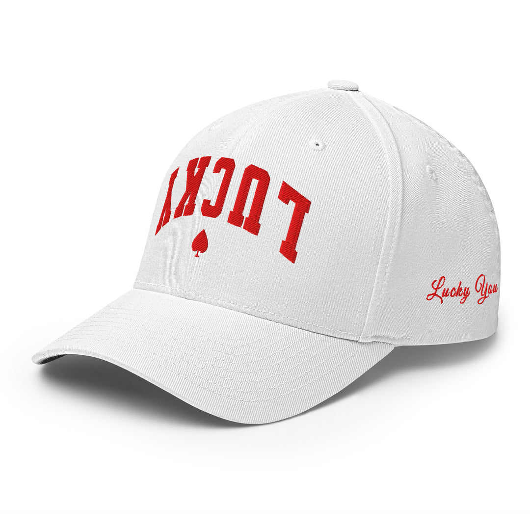 White closed-back structured cap mockup, left front view, Tilted Spades