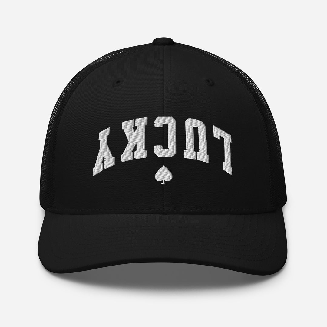 Black retro trucker cap mockup, front view, Tilted Spades