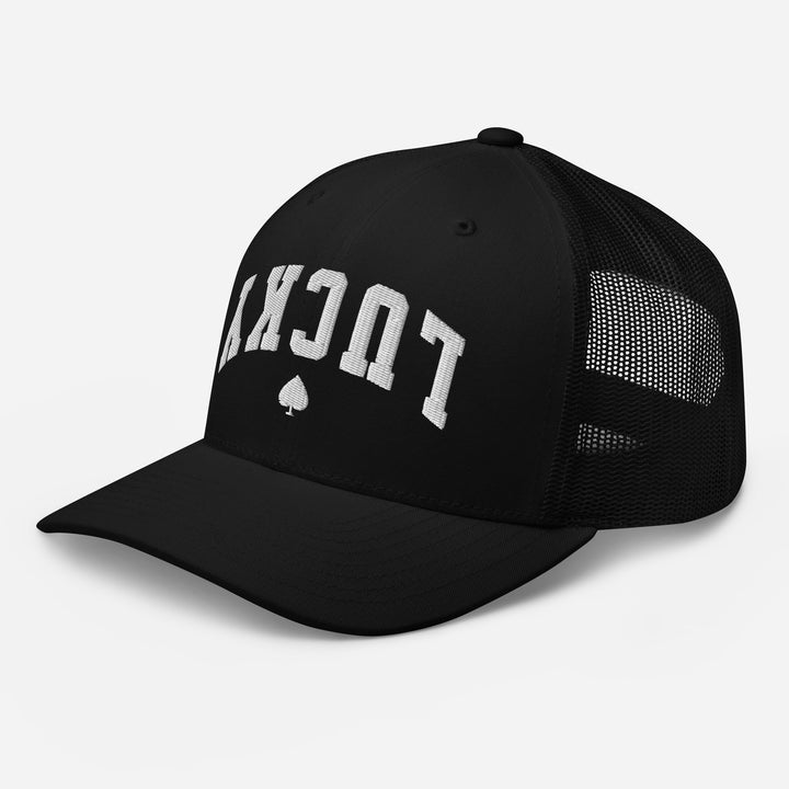 Black retro trucker cap mockup, left front view, Tilted Spades