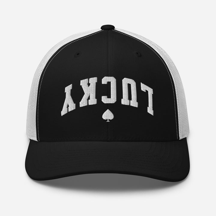 Black and white retro trucker cap mockup, front view, Tilted Spades