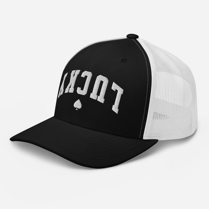 Black and white retro trucker cap mockup, left front view, Tilted Spades