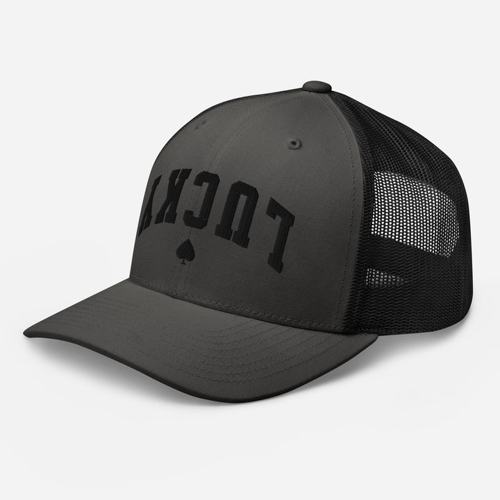 Charcoal and black retro trucker cap mockup, left front view, Tilted Spades
