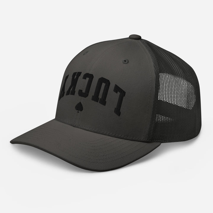 Charcoal retro trucker cap mockup, left front view, Tilted Spades
