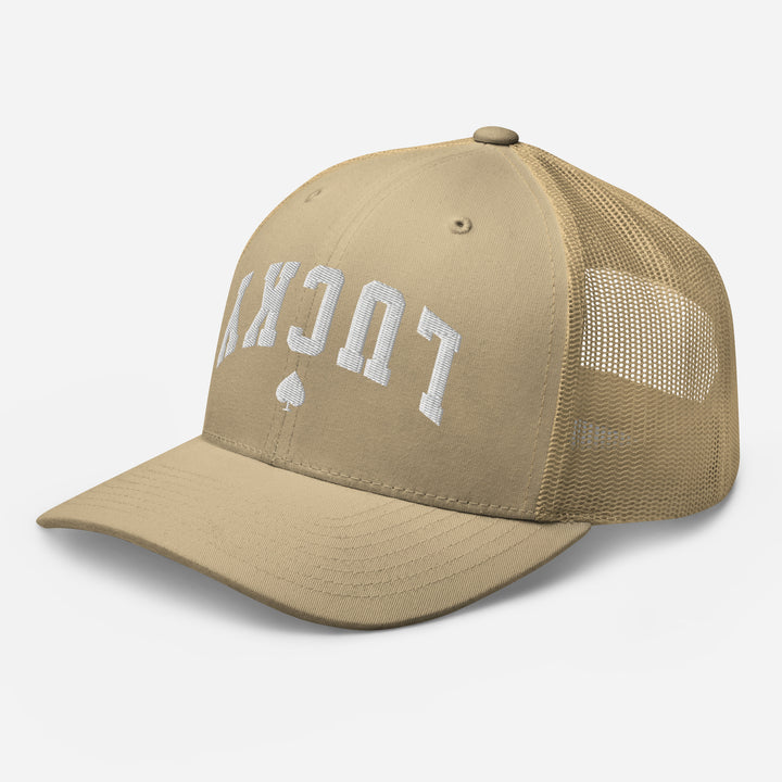 Khaki retro trucker cap mockup, left front view, Tilted Spades