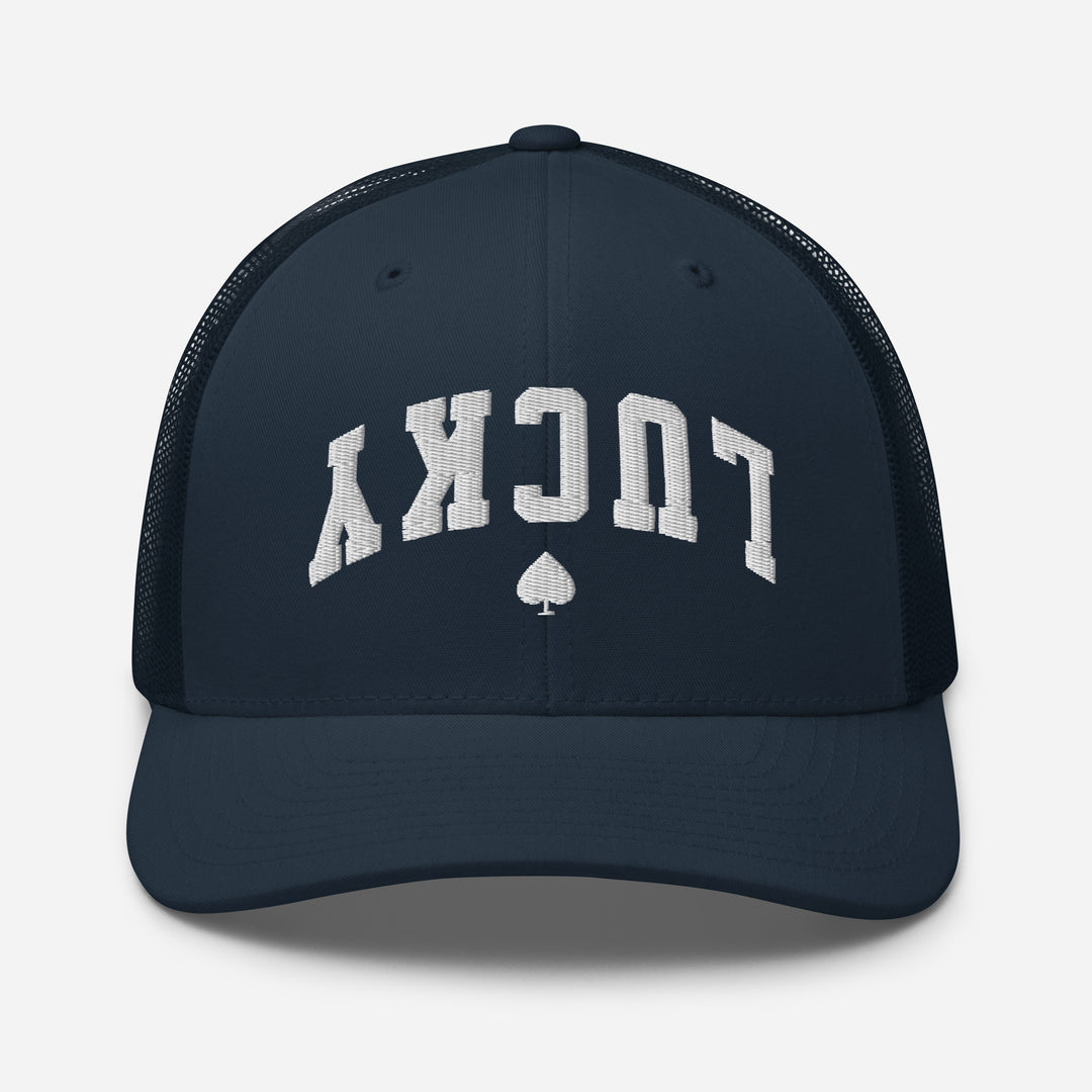 Navy retro trucker cap mockup, front view, Tilted Spades