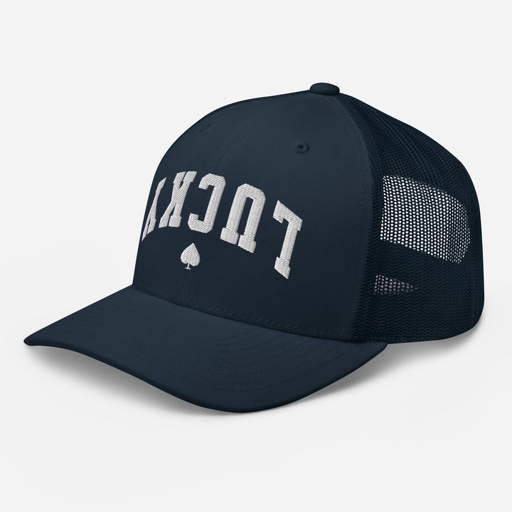 Navy retro trucker cap mockup, left front view, Tilted Spades