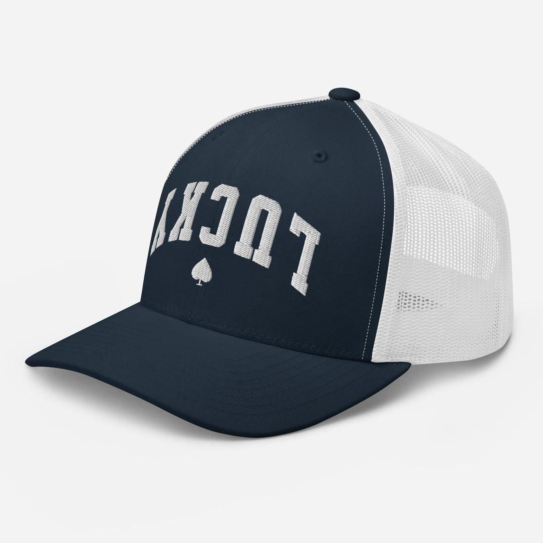 Navy and white retro trucker cap mockup, left front view, Tilted Spades