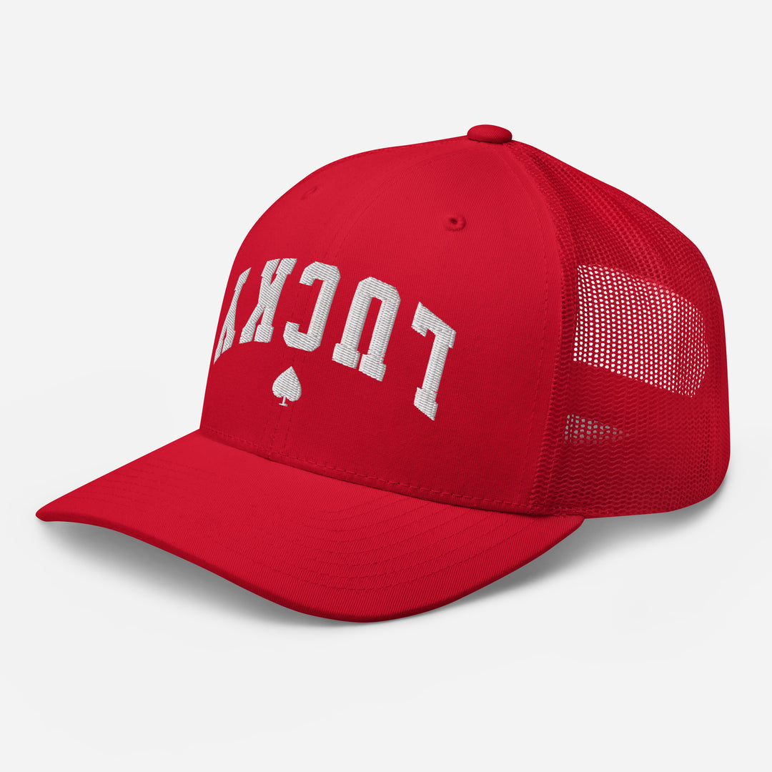 Red retro trucker cap mockup, left front view, Tilted Spades