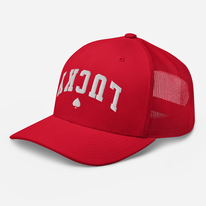 Red retro trucker cap mockup, left front view, Tilted Spades