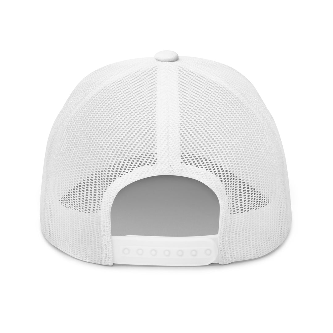White retro trucker cap mockup, back view, Tilted Spades