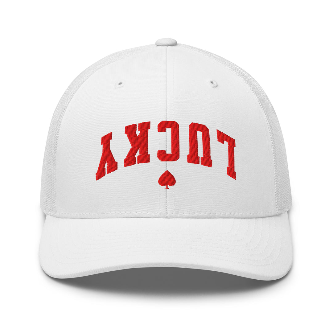 White retro trucker cap mockup, front view, Tilted Spades