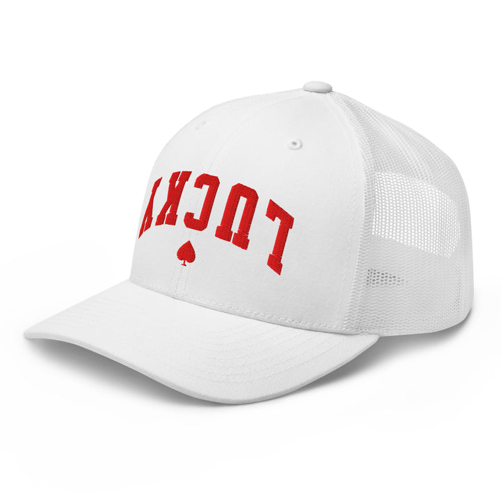 White retro trucker cap mockup, left front view, Tilted Spades