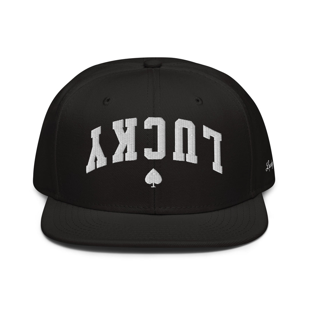 Black snapback cap mockup, front view, Tilted Spades
