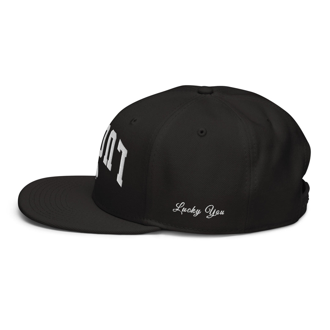 Black snapback cap mockup, left side view, Tilted Spades