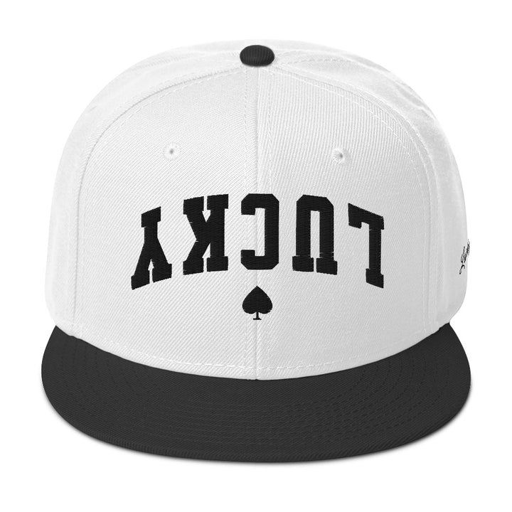 Black and white snapback cap mockup, front view, Tilted Spades