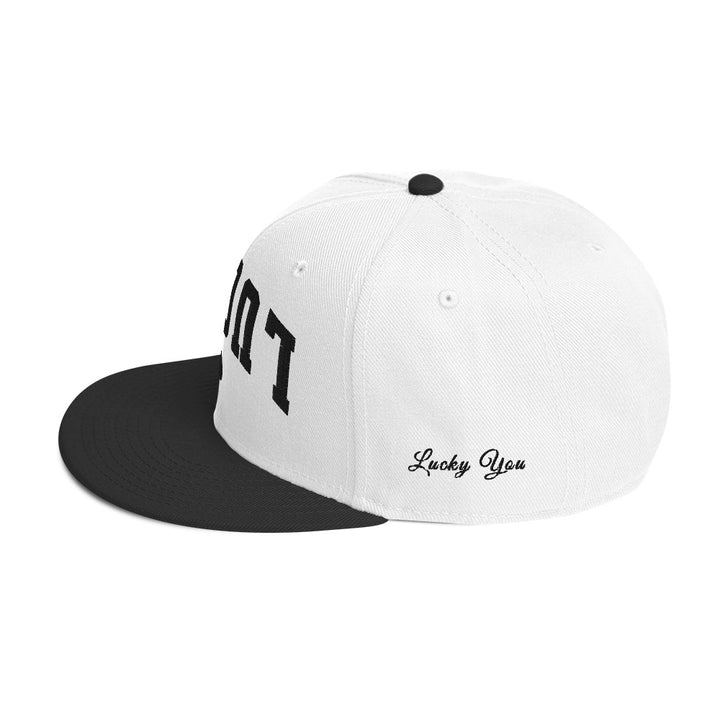 Black and white snapback cap mockup, left side view, Tilted Spades