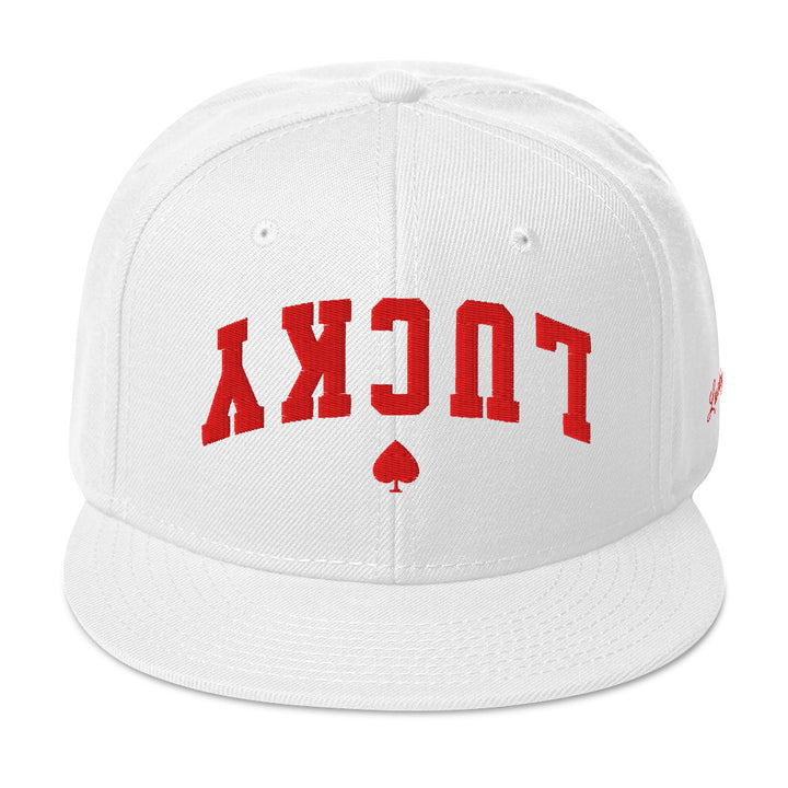 White snapback cap mockup, front view, Tilted Spades