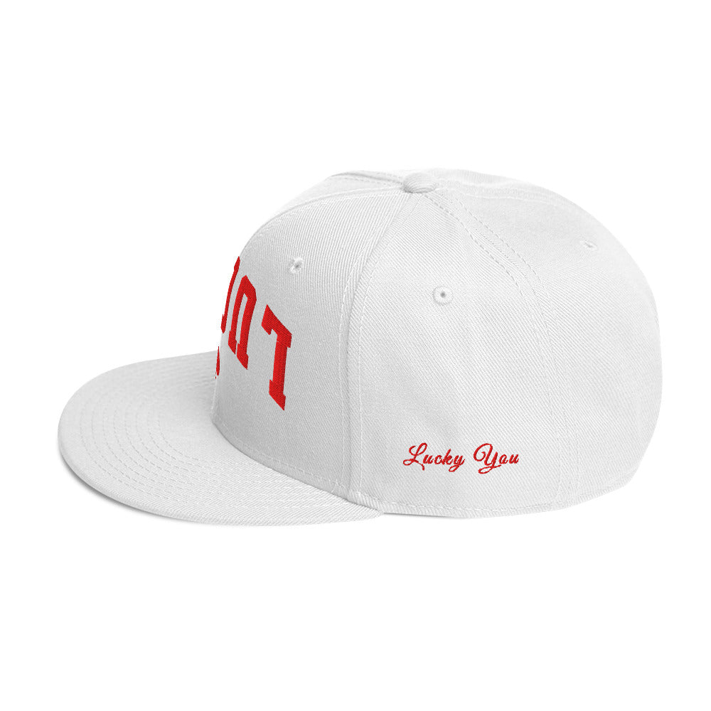 White snapback cap mockup, left side view, Tilted Spades