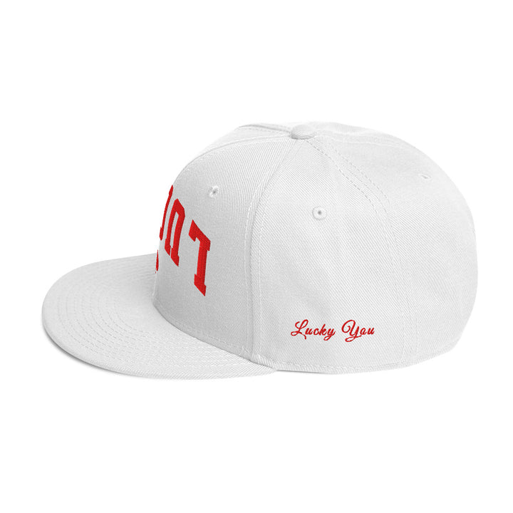 White snapback cap mockup, left side view, Tilted Spades